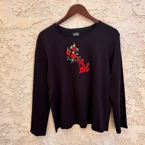 Croft & Barrow Black Embroidered Cat Holiday Long Sleeve Tee Women’s XXL